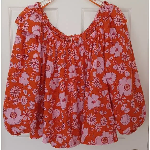 Free People Orange Pink Floral Off Shoulder Peasant Top L EC - Picture 2 of 10